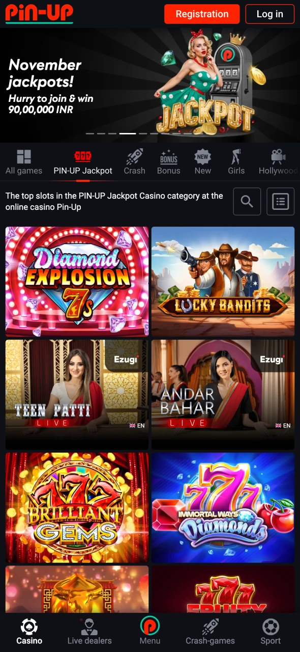 Explore the Casino lobby within the official Pin-Up app.