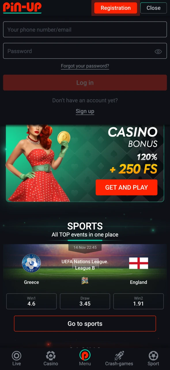 Login form in the Pin-Up casino app.