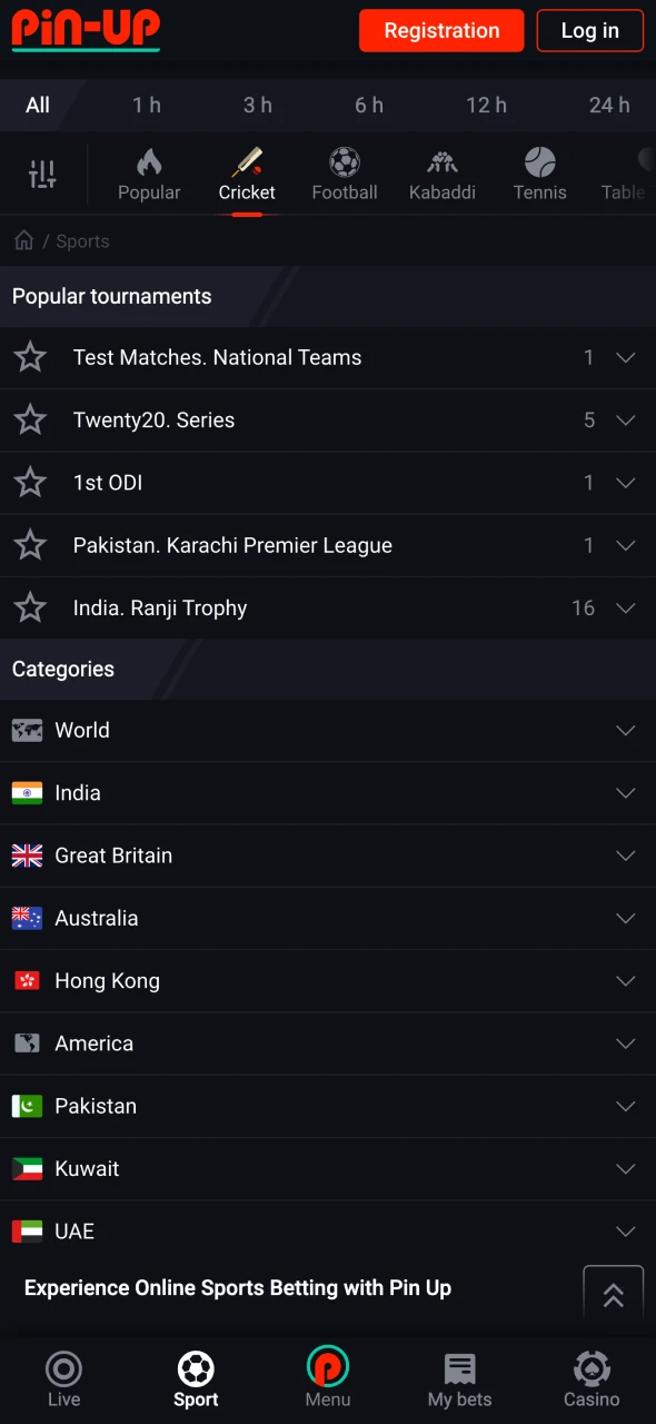 Sport section at Pin Up application.