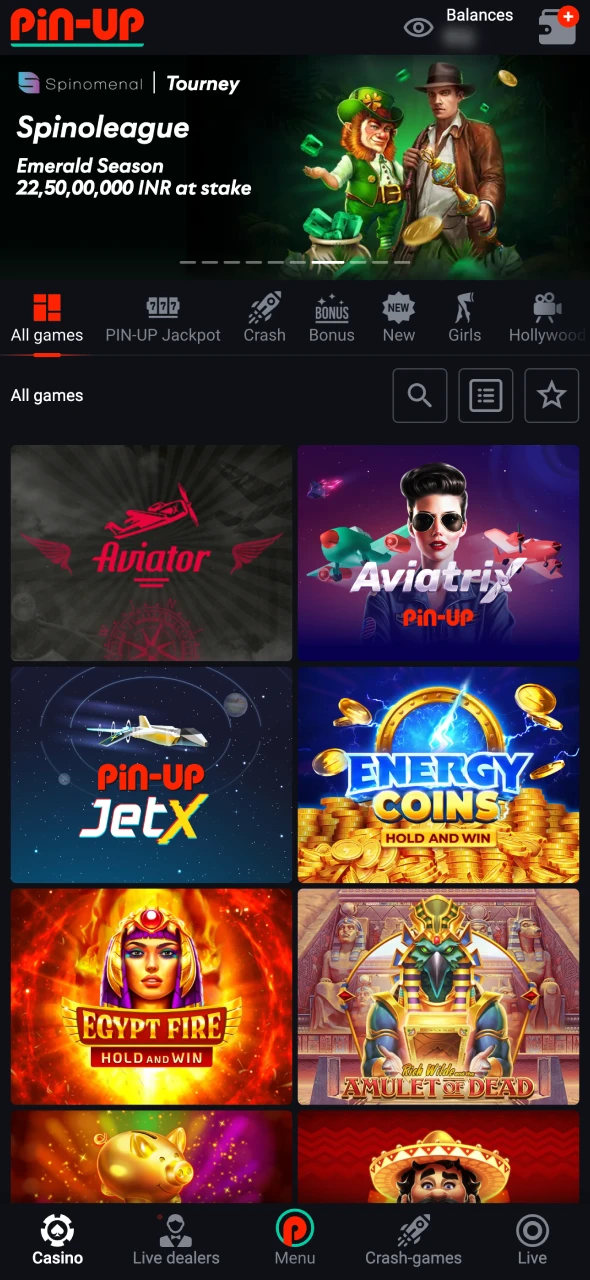 Head over to the casino section on the Pin-Up home page.