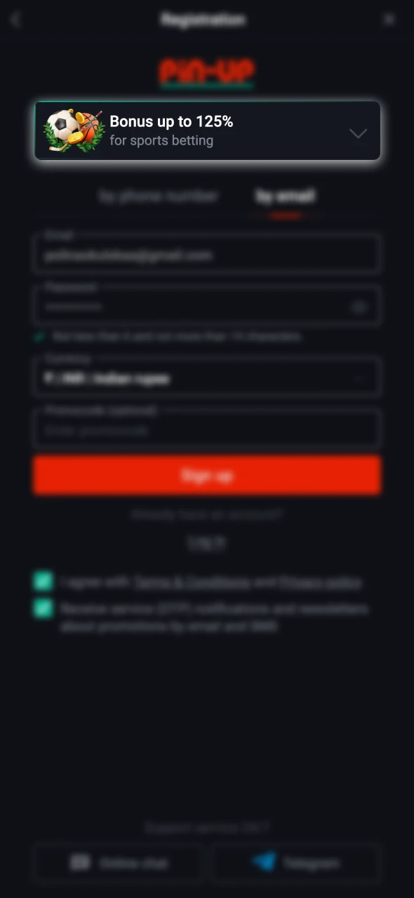 While filling out the Pin-Up registration form, make sure to select the type of welcome bonus you want to claim.
