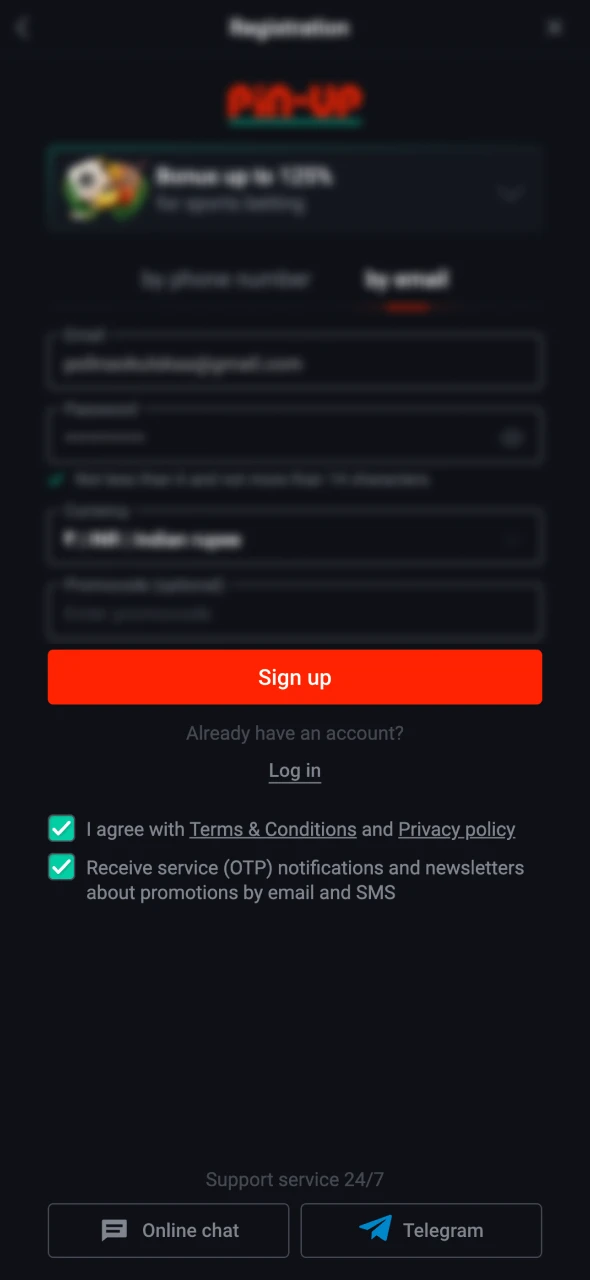 Finalize your sign-up by clicking the registration button at Pin-Up casino.