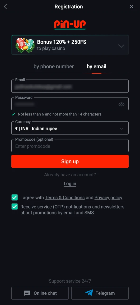 Complete the Pin-Up sign-up form with your details.