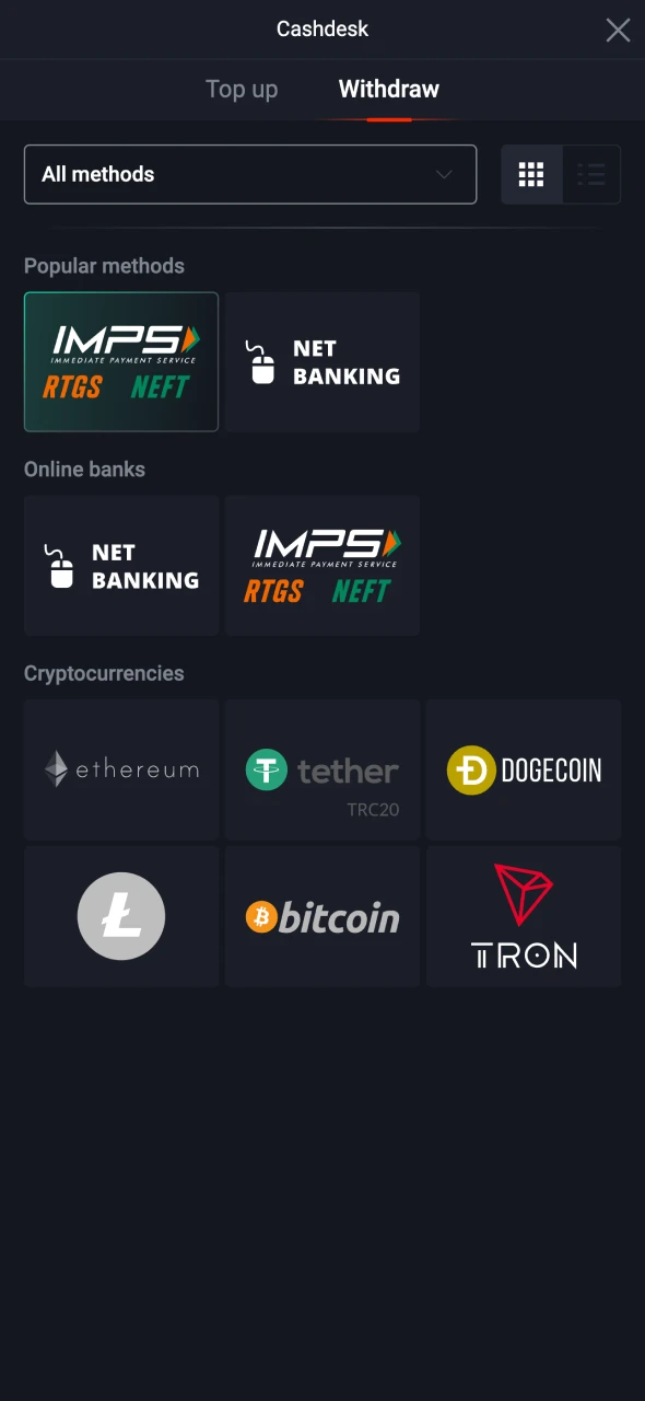 Pick the specific payout option you prefer from the Pin-Up menu.