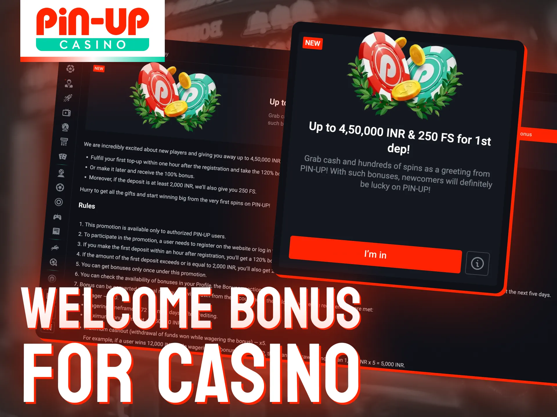 Score up to 450,000 INR and 250 free spins through the Pin Up casino welcome package.