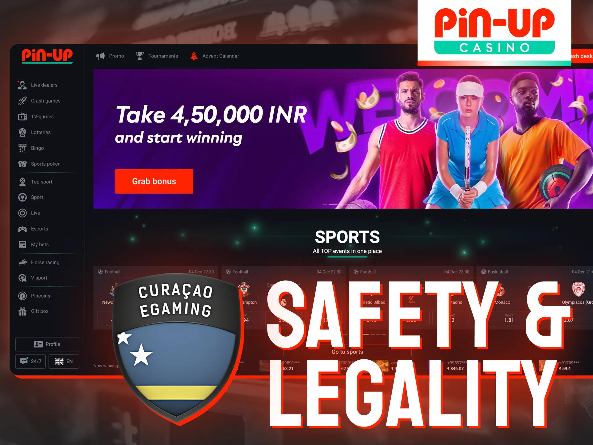 Pin-Up operates legally in India under the Curacao license (No. OGL/2024/580/0570).