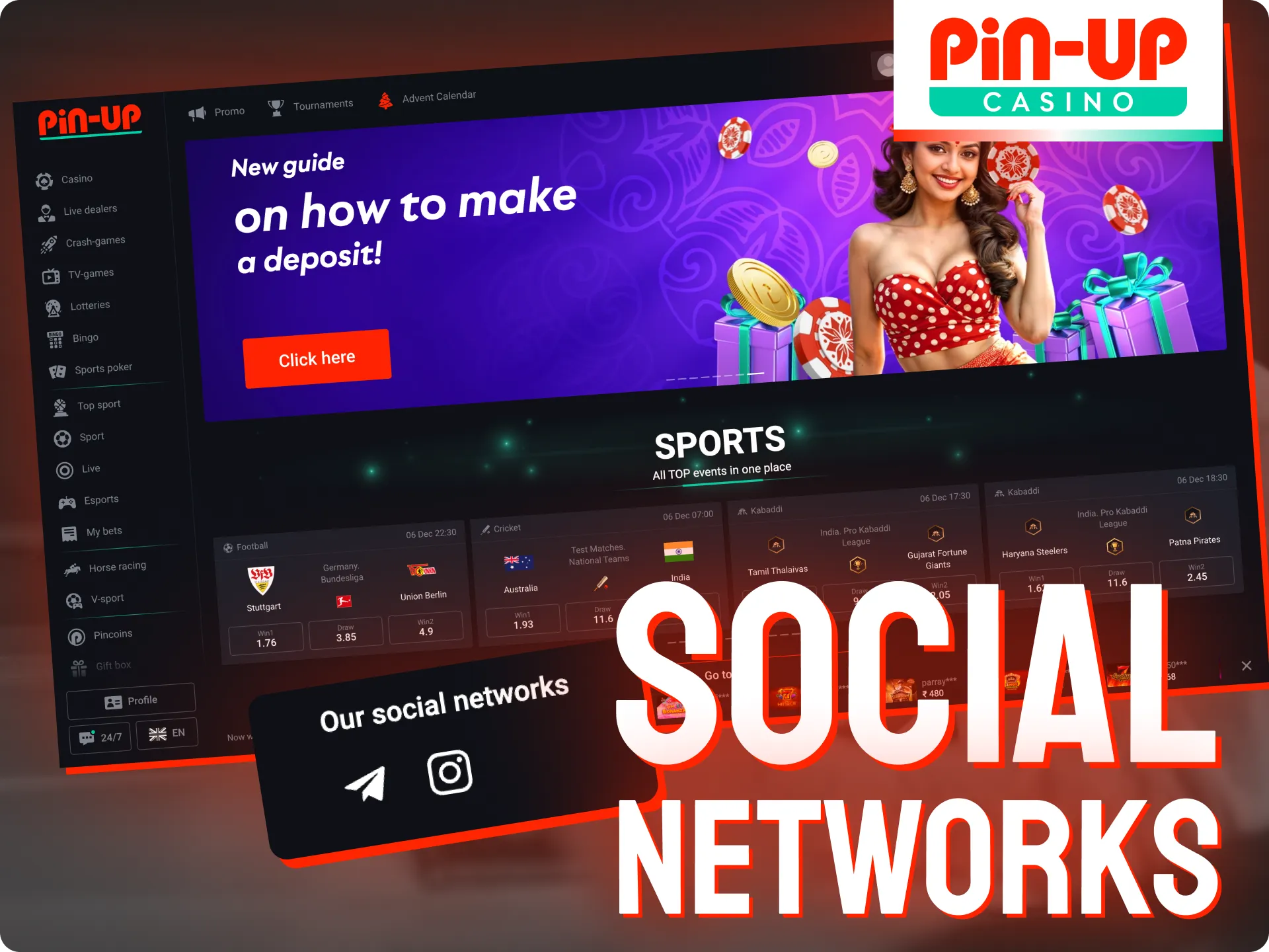 Follow Pin-Up support on social media.