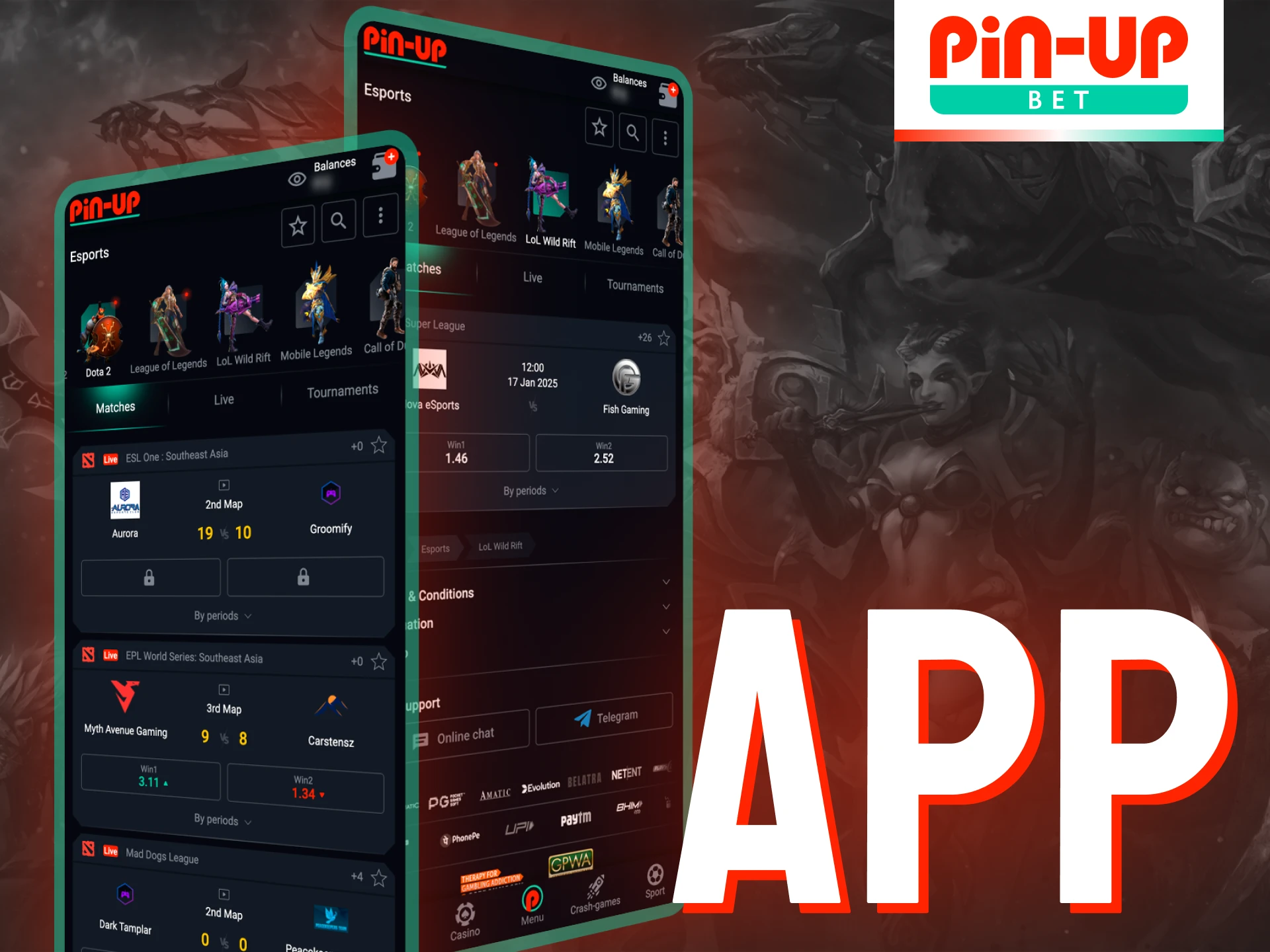 The Pin-Up mobile app allows you to bet on eSports tournaments on the go.