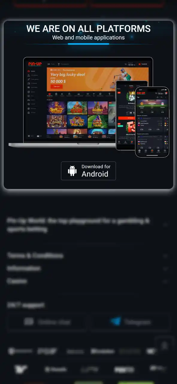 Hit the Android app button to start downloading the Pin-Up Casino APK file.