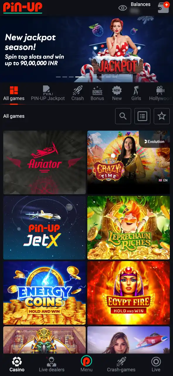 Launch the Pin-Up Casino app and either sign in or create an account to get started.