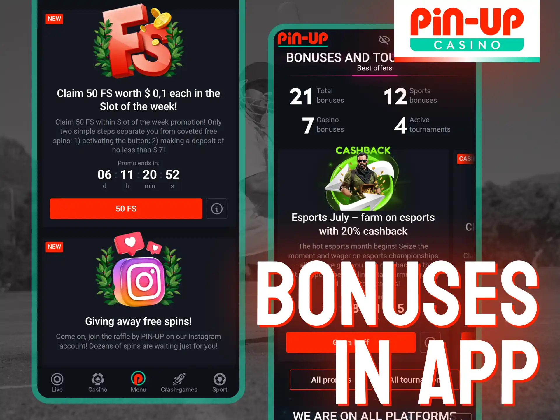 The Pin-Up app gives you total access to all available betting and casino bonuses.