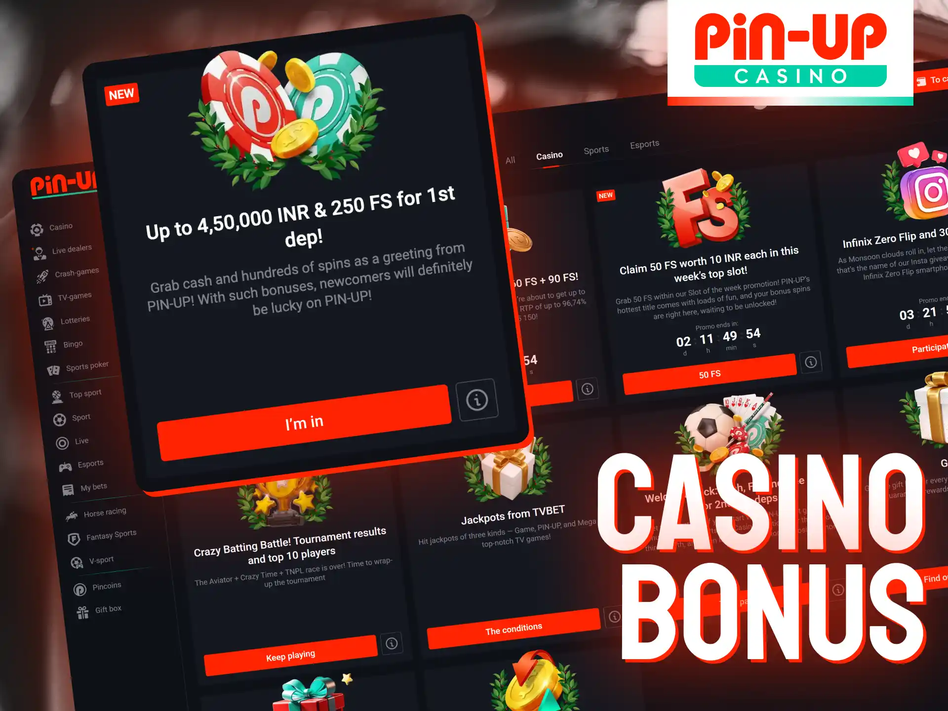 Pin-Up Casino welcomes new players with a combination of deposit matches and free spins.